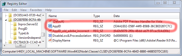 Adobe PDF preview handler registry fix