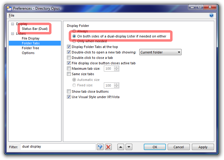 Directory Opus 9: Preferences filtered for options related to "dual display".