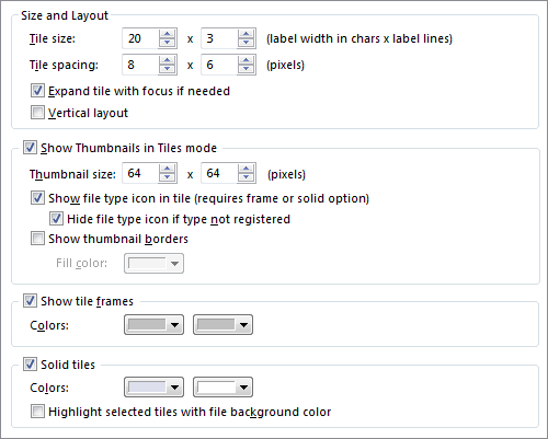 Directory Opus 9: Tiles Mode Preferences.