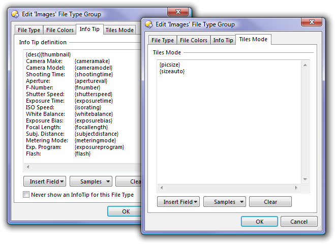 Directory Opus 9: Different information can be shown for different file types and file type groups.