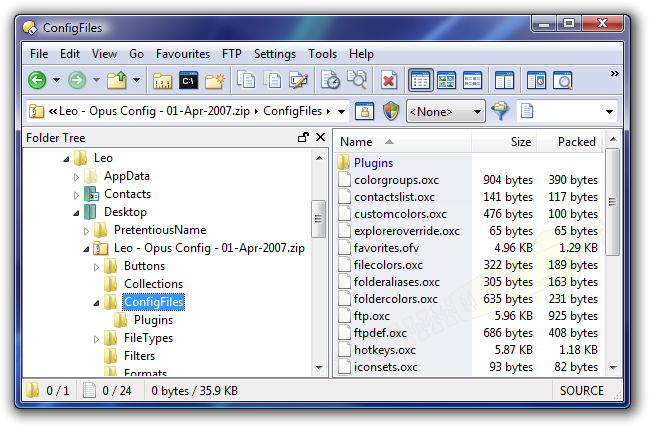 Directory Opus 9: Folder Tree viewing inside a Zip archive and set to the new Vista look.