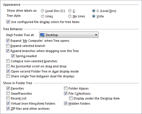 Directory Opus 9: The new Folder Tree preferences.