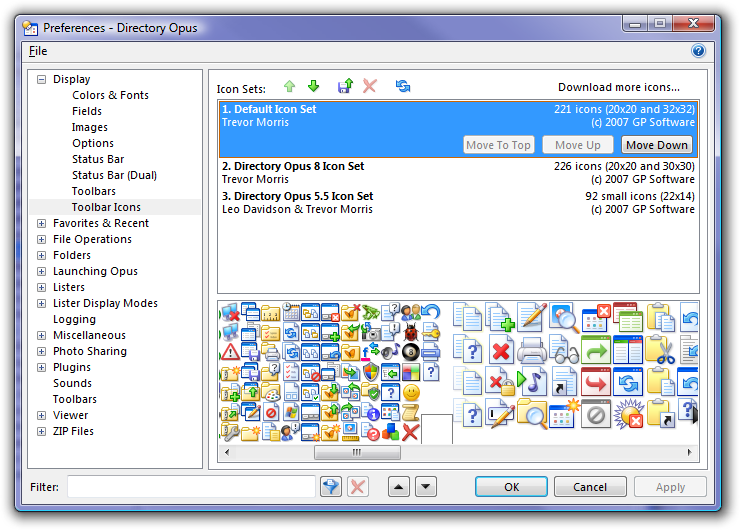 Directory Opus 9: Icon sets are managed via Preferences.