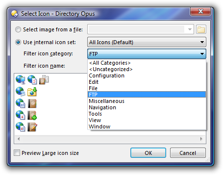 Directory Opus 9: Icons can be browsed by category.