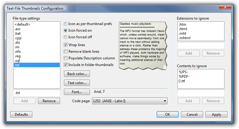Text-File Thumbnails configuration